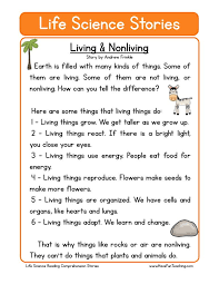 In addition to compelling fiction stories, including some popular children's fables, students of all ages will find reading comprehension worksheets that reinforce a slew of literary skills, including identifying themes, story structure, cause and effect. Reading Comprehension Worksheet Living Nonliving Science Reading Science Reading Comprehension Reading Comprehension