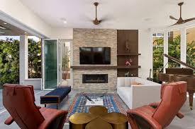 It includes a wooden center table paired yellow living room with a white fireplace and flat panel tv in between beige round back chairs. 30 Modern Living Rooms With Fireplace And Tv Together Decor Snob