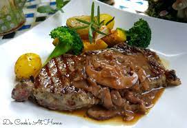 In a large skillet, brown steaks on both sides in oil. Do Cook S At Home Rib Eye Steaks With Mushroom Sauce