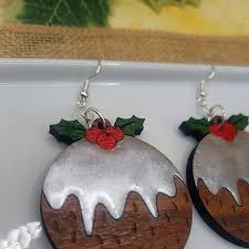 Christmas Pudding Earrings With Sparkling White Glitter Icing