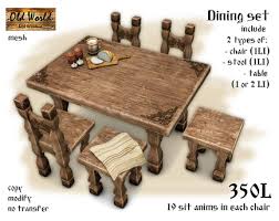 All pieces of the set sports acanthus leaf carvings, cathedral cherry and exotic avodire veneers, fine herringbone inlays, and scrolled accents. Second Life Marketplace Medieval Dining Set V1 Old World Rustic Furniture