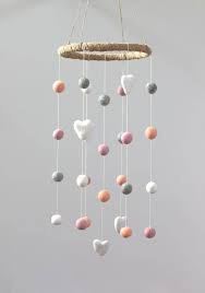 Pink Peach Gray White Felt Ball Heart Nursery Mobile Etsy Heart Nursery Felt Ball Childrens Room Decor