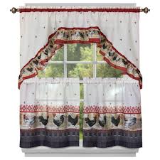 Achim Semi Opaque Polyester Rooster Printed 36 In W X 57 In L Tier And Swag Curtain In Burgundy 2 Pack Rots36bu12 The Home Depot Kitchen Curtains Rooster Kitchen Country Chic Kitchen
