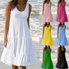 2019 New Fashion Summer Women Casual Dress Round Neck Loose Big Swing Skirt Sleeveless Soild Color Beach Dress Maxi Dresses Casual Summer Dresses For Women Short Beach Dresses
