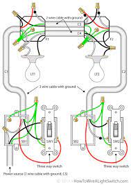 This circuit drawing shows multiple lights controlled by 3 way switches. Two Lights Between 3 Way Switches Power Via A Switch How To Wire A Light Switch Home Electrical Wiring Electrical Wiring 3 Way Switch Wiring