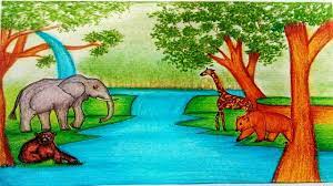 How To Draw Forest Scenery With Animals Forest Scenery Drawing Youtube