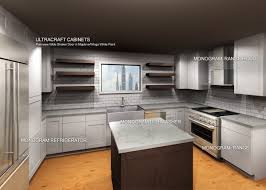White granite and tumbled slate backsplash with a tumbled marble chair rail tile liner. Ultracraft Cabinets With Monogram Appliance Package Discount Cabinets Appliances