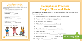 This homophones worksheet directs the student to write which version of there, their, or they're best completes each sentence. There Their And They Re Homophones Practice Worksheet Twinkl