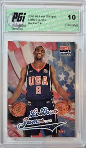 How much is a lebron james rookie card worth? Amazon Com 2003 04 Lebron James Skybox Fleer Team Usa Rookie Card Pgi 10 Lakers Collectibles Fine Art