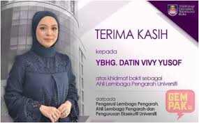 Pengasas bersama the duck group, datin vivy yusof mengakui tidak dapat melelapkan mata setiap kali teringat nasib yang menimpa penduduk palestin. Kontrak Vivy Yusof Sebagai Ahli Lembaga Pengarah Uitm Tamat Gempak