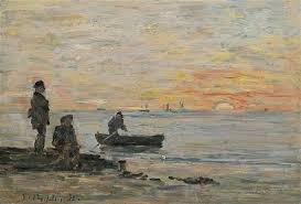 Maree Basse Rivage Et Pecheurs Au Coucher Du Soleil 1862 By Eugene Louis Boudin Oil On Panel 6 7 8 X 9 7 8 In 17 5 X 25 Cm Signed Access More Artwo