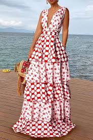 Bohemian V Neck Sleeveless Printed Colour Tiered Skirt Womens Long Maxi Dresses Maxi Dresses Summer Casual Maxi Dresses Casual
