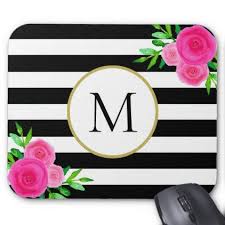 Black And White Striped Mouse Pad Black White Striped Watercolor Floral Monogram Mouse Pad Zazzle Com Monogram Mouse Pad Floral Monogram Pink Watercolor Flower