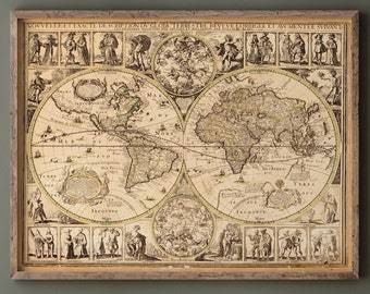 World map poster reproduction . Ancient world hemisphere of 1645. Fine art print. Wall art