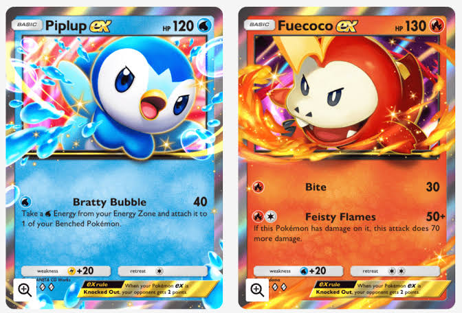 Piplup ex and Fuecoco ex, starter Pokémon receiving new EX cards in Pokémon TCG Pocket