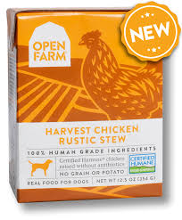 The dashboard displays a dry matter protein reading of 33%, a fat level of 16% and estimated carbohydrates of about 43%. Open Farm Grain Free Harvest Chicken Recipe Rustic Stew Wet Dog Food Petflow