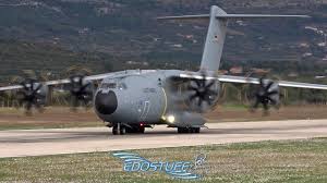 Airbus a400m engines thanks to its cutting edge technologies, such as its four exclusive euro prop international (epi) tp 400 turboprops, the airbus a400m is actually able to fly ranges up to 4,800 nm / 8,900 km, at a visiting elevation up to 37,000 ft (11,300 m), and at a speed of up to mach 0.72, very identical to that of a turbofan operated airlifter. Luftwaffe Airbus A400m Atlas Amazing Close Up Takeoff From Split Airport Ldsp Spu Youtube