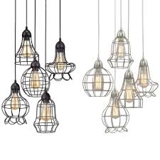 A type of individual light fixture that hangs from the ceiling by a chain, cord, or metal rod. Restaurant Wire Frame Ceiling Pendant Metal 5 Lights Industrial Black Silver Hanging Light Takeluckhome Com