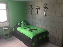 It features shades of green, black, brown, white and tan assembled in a patchwork pattern; My Sons Awesome Minecraft Bedroom Boys Minecraft Bedroom Themed Kids Room Minecraft Bedroom Decor