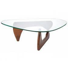 A beautiful thick glass top and two interlocking wood base pieces in walnut finish. Noguchi Style Coffee Table