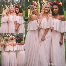 Vintage Country Mumu Bridesmaid Dresses 2017 Modest Off Shoulder Chiffon Beach Wedding Bridesmaid Dresses Pink Bridesmaid Dresses Long Mumu Bridesmaid Dresses