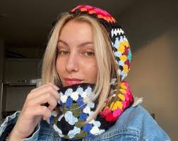 Crochet Balaclava, Granny Square Balaclava,handmade Colorful Balaclava,  Granny Square Hat, Winter Hat, Black Granny Square Balaclava