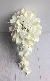 Ivory bouquet of roses, lilies and anemones. Artificial Flowers Ivory Calla Lily Rose Wedding Shower Teardrop Bride Bouquet