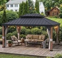 Esunny 12 ft. x 16 ft. Wood Grain Double Galvanized Steel Roof Gazebo with  Mosquito Netting, Ceiling Hook and Curtains A09-024-HDE