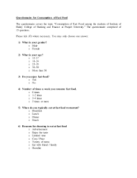 The quality of the questions is better than the quantity. Questionnaire For Consumption Fast Food Finalized 1 2