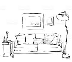 Black And White Dining Room Clipart Hand Drawn Sketch Of Living Room Interior With A Sofa Pillows And Interior Sketch Drawing Interior Drawing Furniture