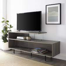 Fitueyes tv floor stand for 32 to 60 inch cantilever tv stand with swivel bracket height adjustable shelves slim corner tv stand easy assembly black tt306001gb 4.6 out of 5 stars 814 £61.99 £ 61. Grey Wash Tv Stand With Open Shelves Glass Panels Tvs Up To 60 Foster Fol101662 Appliances Direct