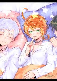 emma (yakusoku no neverland), norman (yakusoku no neverland), ray (yakusoku  no neverland), yakusoku no neverland, highres, 1girl, 2 boy, ahoge, bed,  black hair, blanket, blouse, closed eyes, dated, neck tattoo, number tattoo,