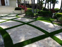 Pavers With Grass In Between Designs Pavers With Artificial Grass Artificial Grass Modern Backyard Landscaping Artifical Grass