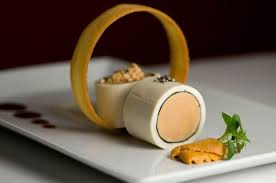 Foie Gras Torchon Wrapped With Nori And Salsify Sea Urchin And Soy Glaze Molecular Food Food Dishes Food Plating