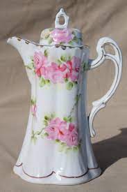 Limoges lovely chocolate pot with delicate white and pink cascading roses and familiar gold split ribbon handle, price: Antique Hand Painted Japan China Chocolate Pot Tall Tea Coffee Pot With Flowers