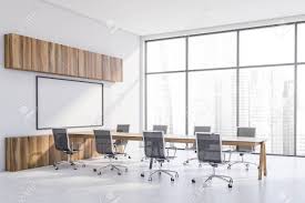 Genuine wood conference tables are made by advanced processing technology. Corner Of Modern Panoramic Conference Room With White Walls Stock Photo Picture And Royalty Free Image Image 130602954