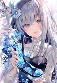Anime wallpaper anime cool pictures for girls. Beautiful Anime Girl Gray Hair Smiling Blue Flowers 650x942 Wallpaper Teahub Io