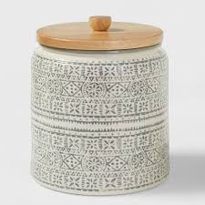 Canister with wood lid in teal. Medium Stoneware Genesis Stripe Food Storage Canister With Wood Lid White Gray Threshold Target