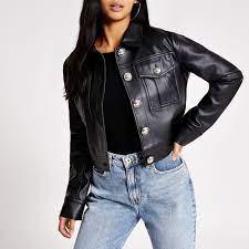 Petite Black Faux Leather Cropped Jacket Trucker Jacket Women Crop Jacket Black Crop