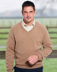 Featuring bibbed v neck, cuffs and hem. Lambswool Camel V Neck Sweater Approx Back Length 28