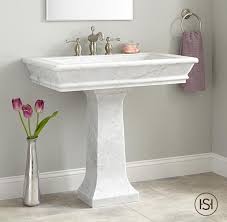 The Beautiful Veining Of The 36 Polished Carrara Marble Pedestal Sink Brings Elegance And Glamour To Any Ba Pedestal Sink Pedestal Sink Bathroom Bathroom Sink