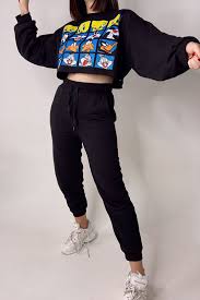 Cizgi Karakterli Crop Sweat Takim Kadin Jogging Taki