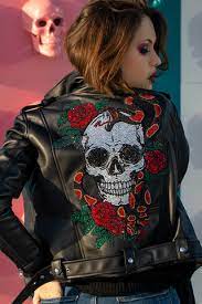 Party Jacket Crystal Skull Roses Biker Jacket Black Leather Jacket Steampunk Harlequin Goth Clothing Motorcycle Wear Leather Jacket Painted Leather Jacket Black Leather Jacket