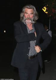 Kurt Russell Shows Off His Handlebar Moustache And Beard Beard Older Mens Hairstyles Grey Beards