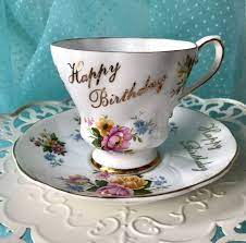 Happy Birthday Teacup Grafton Tea Cup And Saucer Tea Cups Vintage Tea Party Birthday Gift Mom Yellow Pink Tea Cups Vintage Tea Cups Mom Birthday Gift