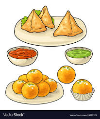 Indian Traditional Food Samosa On Board With Sauces In Bowl Sweets Ladoo In Plate And Single Vector Color Flat Food Drawing Indian Food Recipes Food Doodles