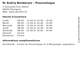 Numéro siren, chiffre d'affaires, résultat net, effectifs. á… Horaires D Ouverture Dr Andriy Bondaryev Pneumologue 3 Avinguda Enric Ribere A Perpignan