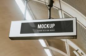 This sign mockup template is for everyone who is interested in something different. Free Psd Indoor Board Mockup Hanging From A Ceiling
