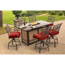 Hanover Traditions 7 Piece Aluminum Outdoor Bar Height Dining Set With Red Cushions With 30 000 Btu Fire Pit Table Trad7pcfpbr Red Fire Pit Dining Set Fire Pit Table Red Cushions