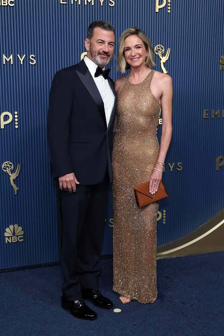 Jimmy Kimmel's Wife Molly McNearney Wows in Gold Naked Dress at Emmys
